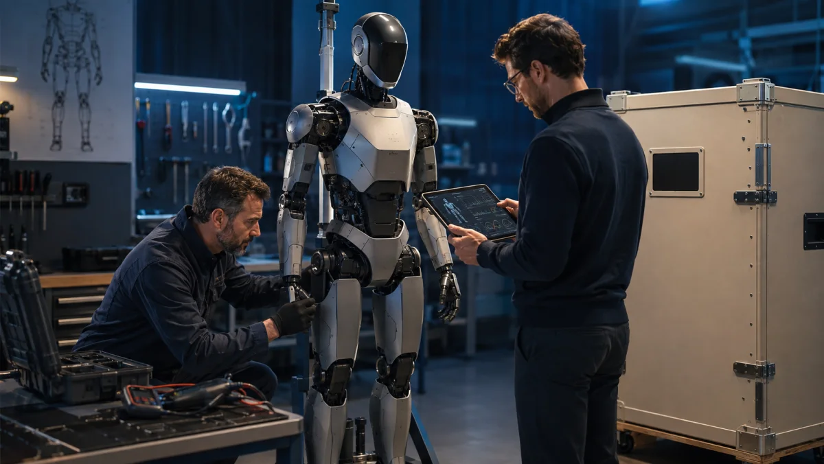 Acheteur et technicien contrôlant un robot humanoïde d’occasion éteint dans un atelier indépendant