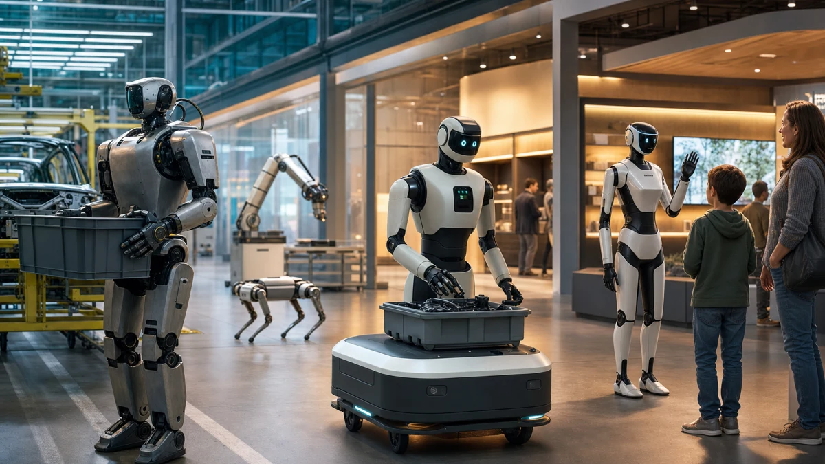 Trois robots humanoïdes modernes présentés dans des environnements industriels et de service