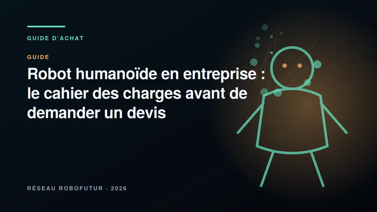 Équipe projet rédigeant un cahier des charges devant un robot humanoïde d'évaluation dans une salle de réunion