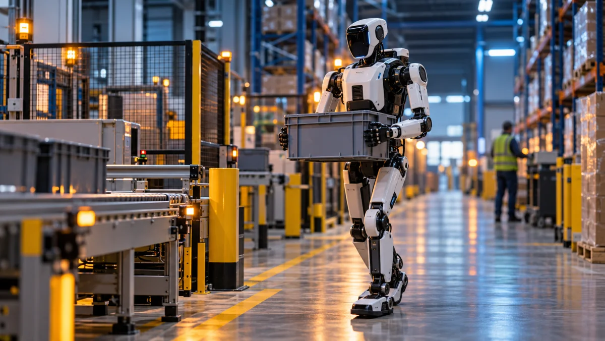 Robot humanoïde générique transportant un bac dans un entrepôt moderne avec une zone de sécurité visible
