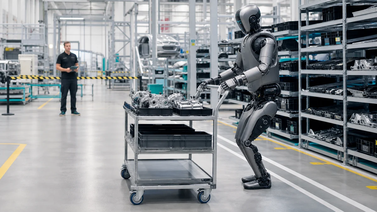 Illustration éditoriale d’un robot humanoïde industriel supervisé dans une usine moderne