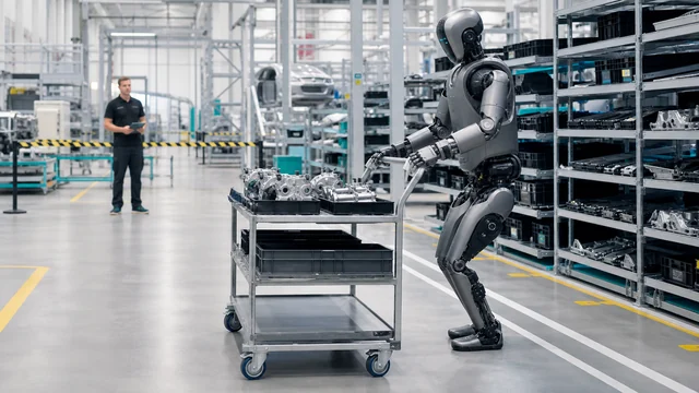 Illustration éditoriale d’un robot humanoïde industriel supervisé dans une usine moderne