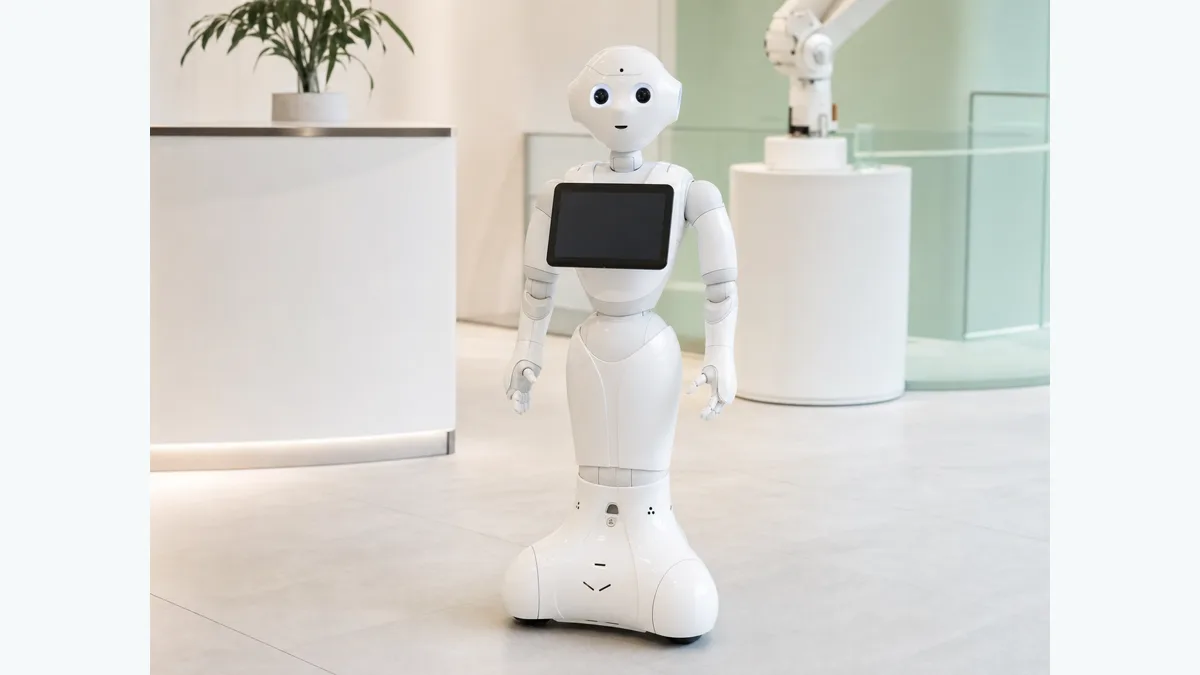 Robot d’accueil Pepper avec sa tablette et sa base roulante, présenté dans un espace de réception