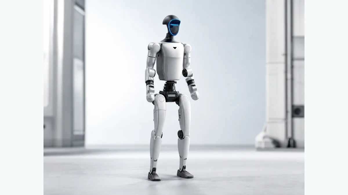 Robot humanoïde Unitree G1, coque blanche et visière bleue, présenté debout en studio