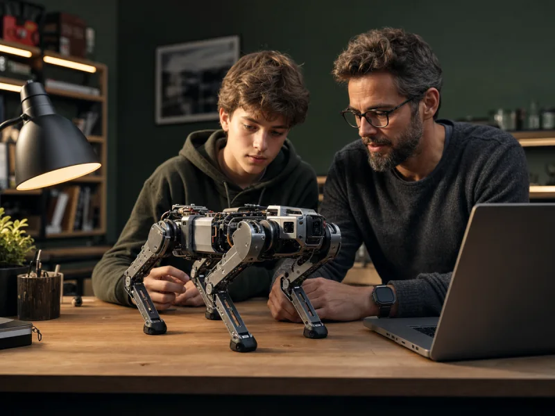 Adolescent programmant un chien robot mécanique générique avec l’aide d’un adulte