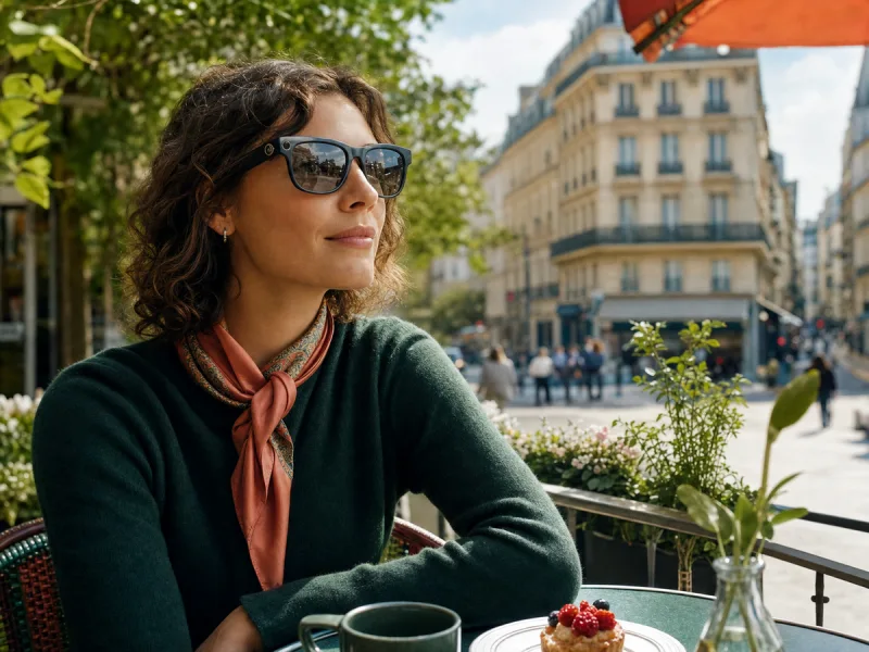 Voyageuse portant des lunettes intelligentes génériques dans un environnement urbain réel