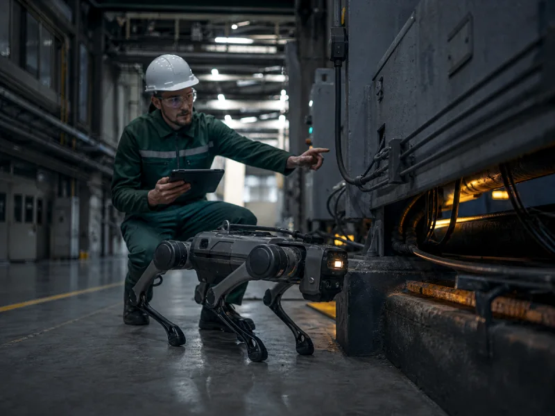 Ingénieur supervisant un robot quadrupède générique pendant une inspection industrielle