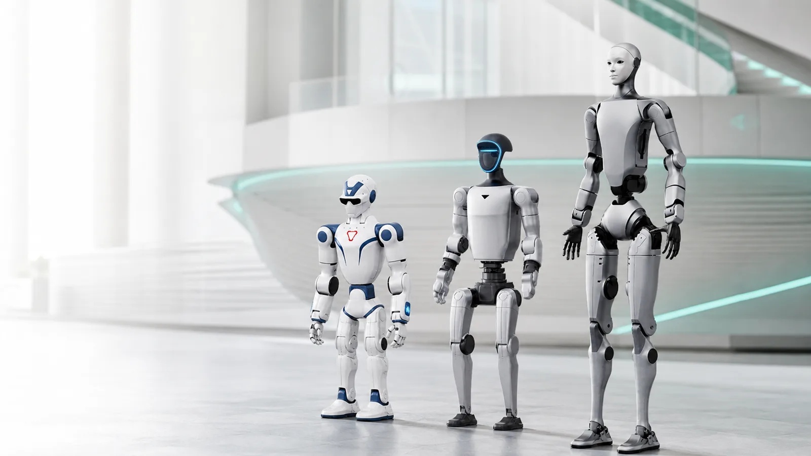 Robots humanoïdes Unitree R1, G1 et H2 côte à côte, du plus petit au plus grand