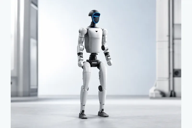 Robot humanoïde Unitree G1 à coque blanche et visière bleue